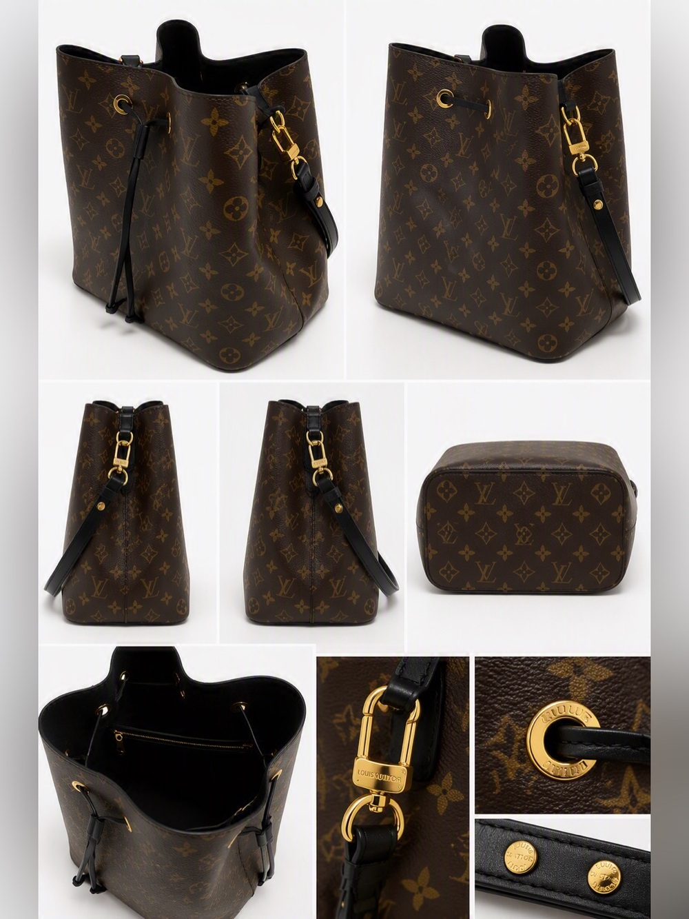 Louis Vuitton Monogram Neonoe Bucket Bag Brown Canvas & Black Leather Drawstring